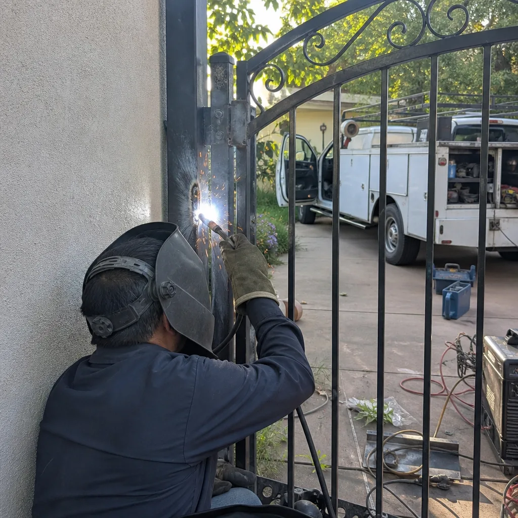 Professional welder performing gate repair and metal fence maintenance