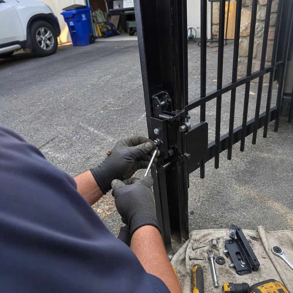 Technician performing professional metal gate latch repair and maintenance