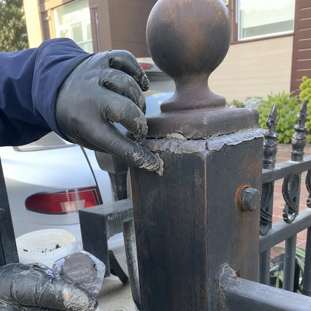 Worker repairing a metal gate post with sealant